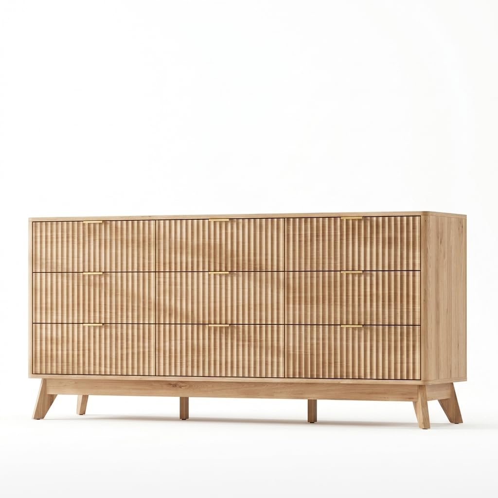 63" Wide Fluted 9 Drawers Oak Dresser S102