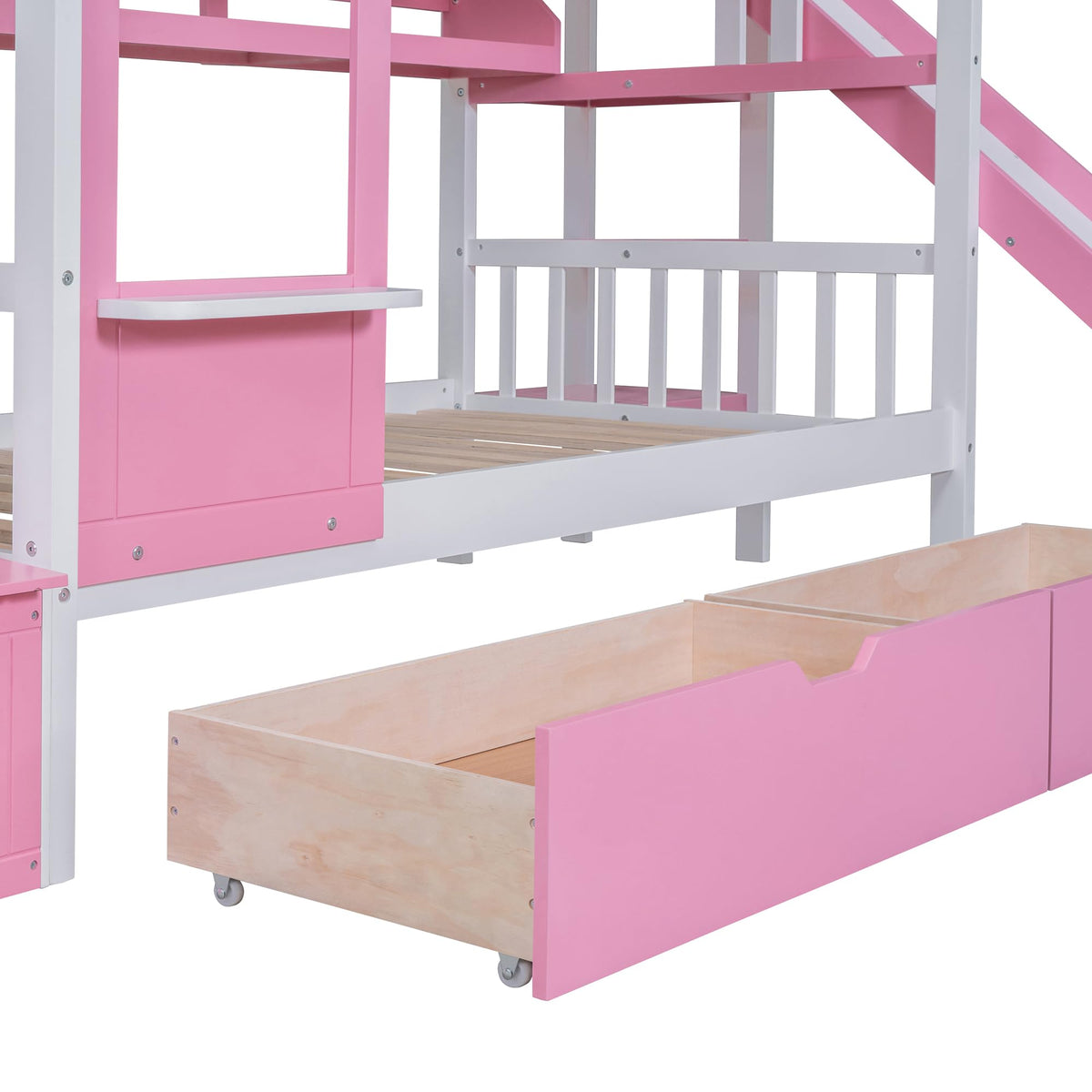 Twin Over Twin Bunk Bed with Slide, 2 Drawers & 3 Shelves K9568