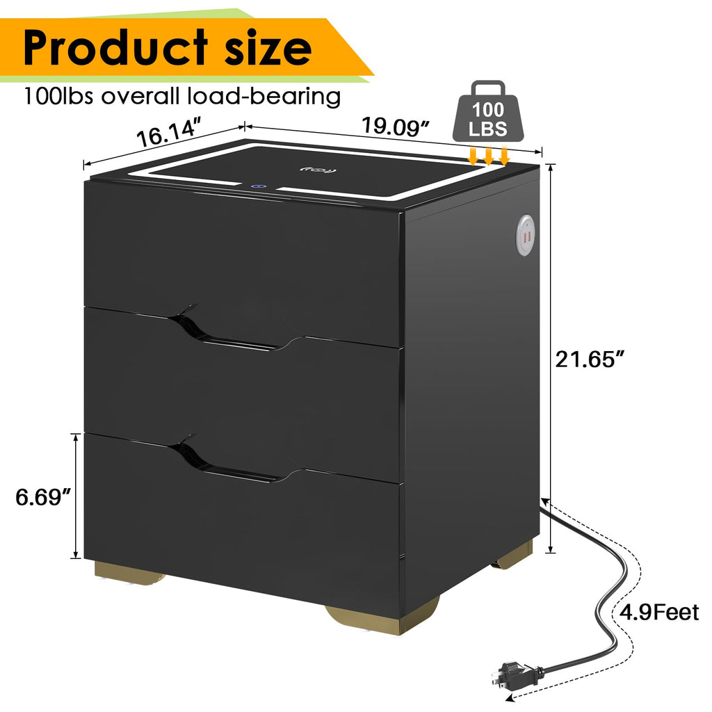 LED Nightstand with Wireless Charging Station 3 Drawers I94893