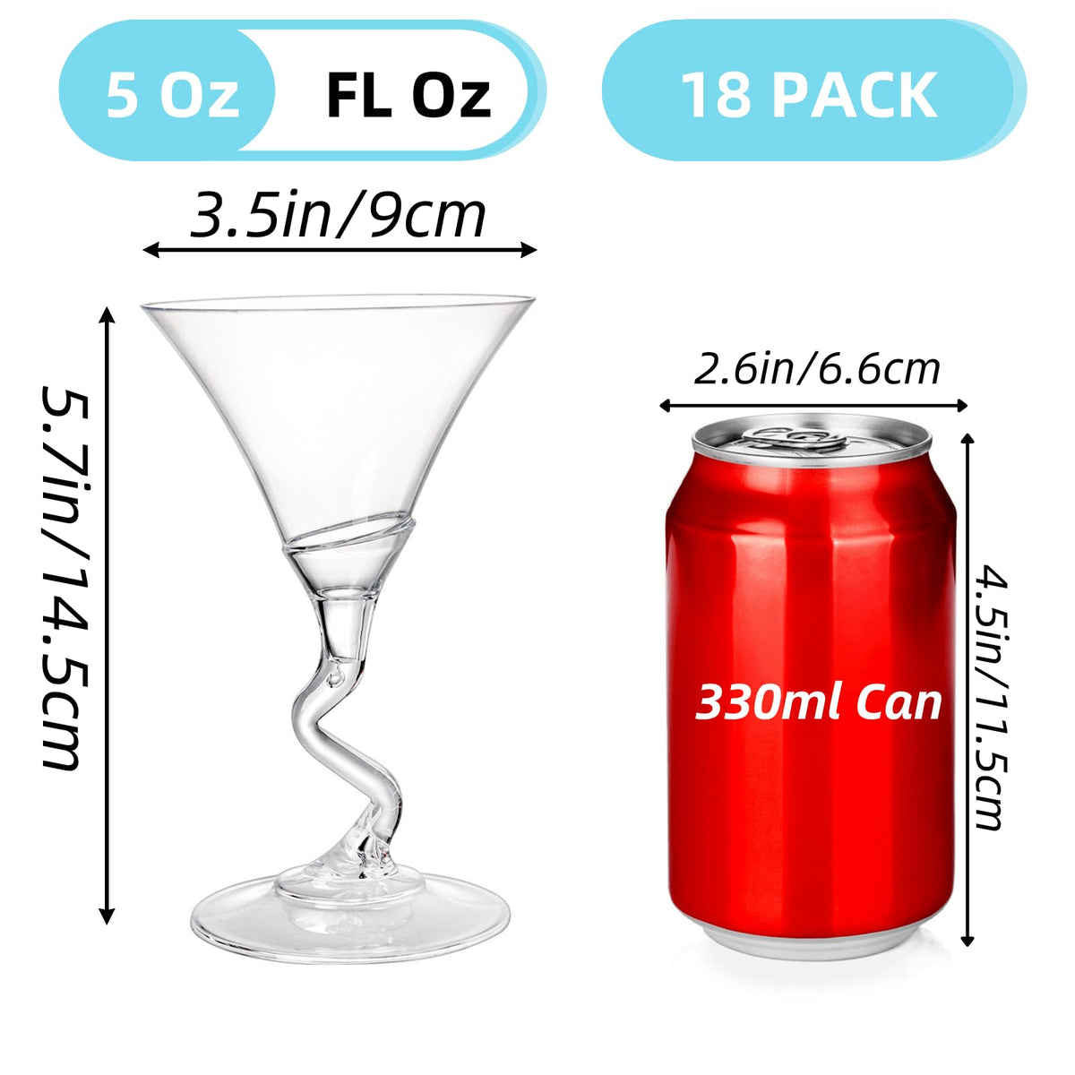 18 Pack 5 Oz Plastic Martini Glasses with Twisted Stem D179