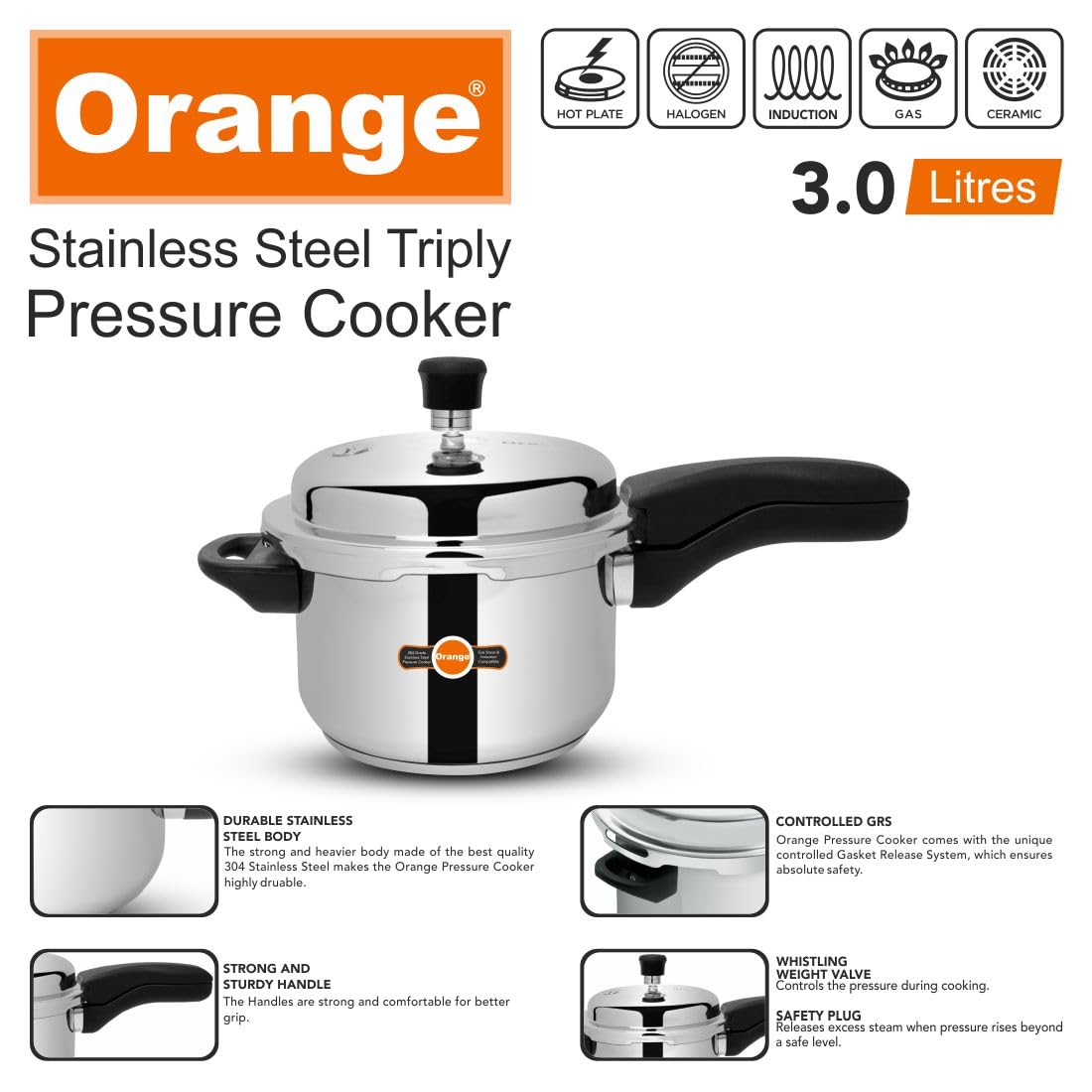Orange Triply Stainless Steel Pressure Cooker 3L Q924109
