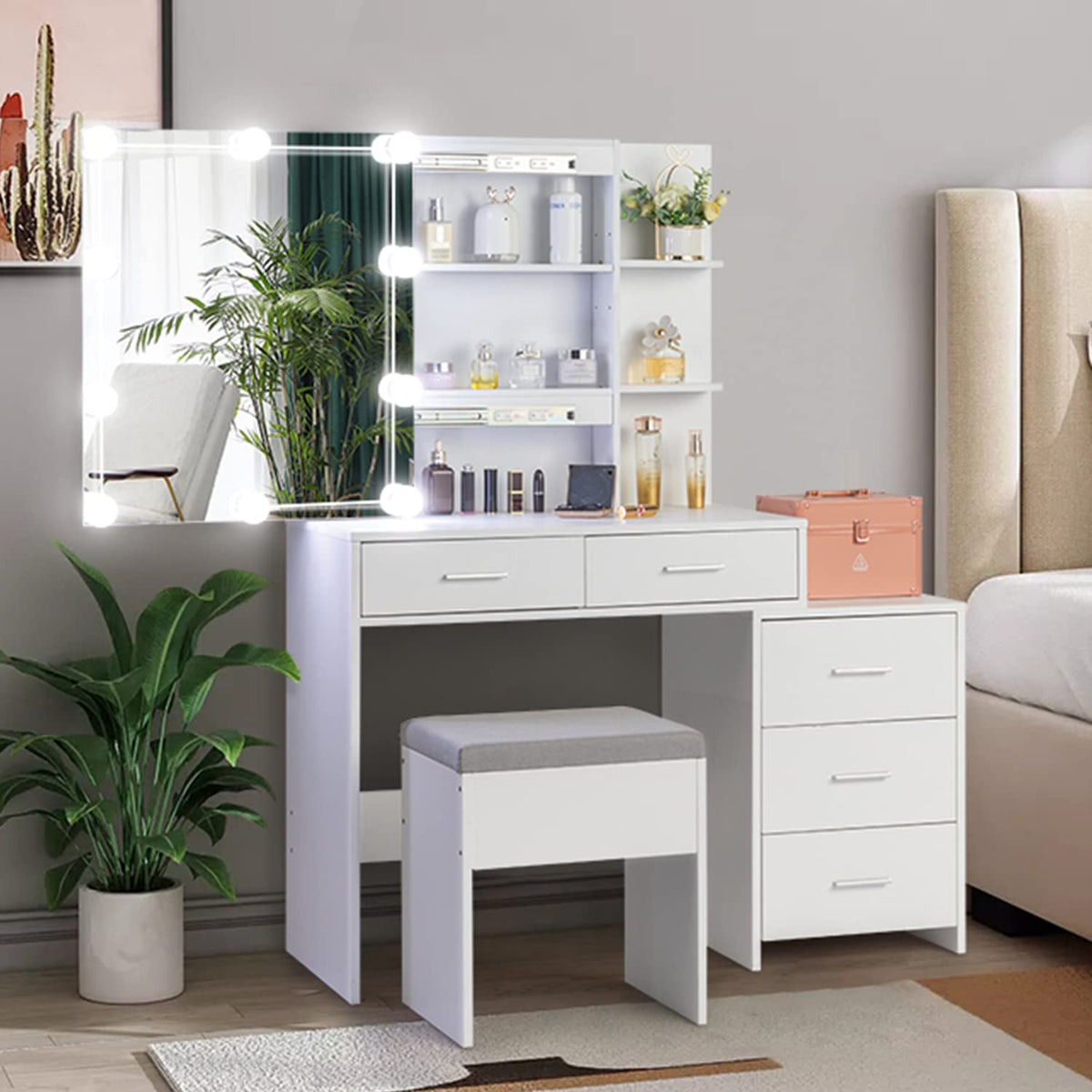 White Vanity Desk with Sliding Mirror R769974