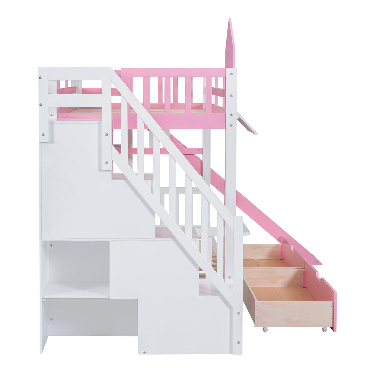 Twin Over Twin Bunk Bed with Slide, 2 Drawers & 3 Shelves K9568