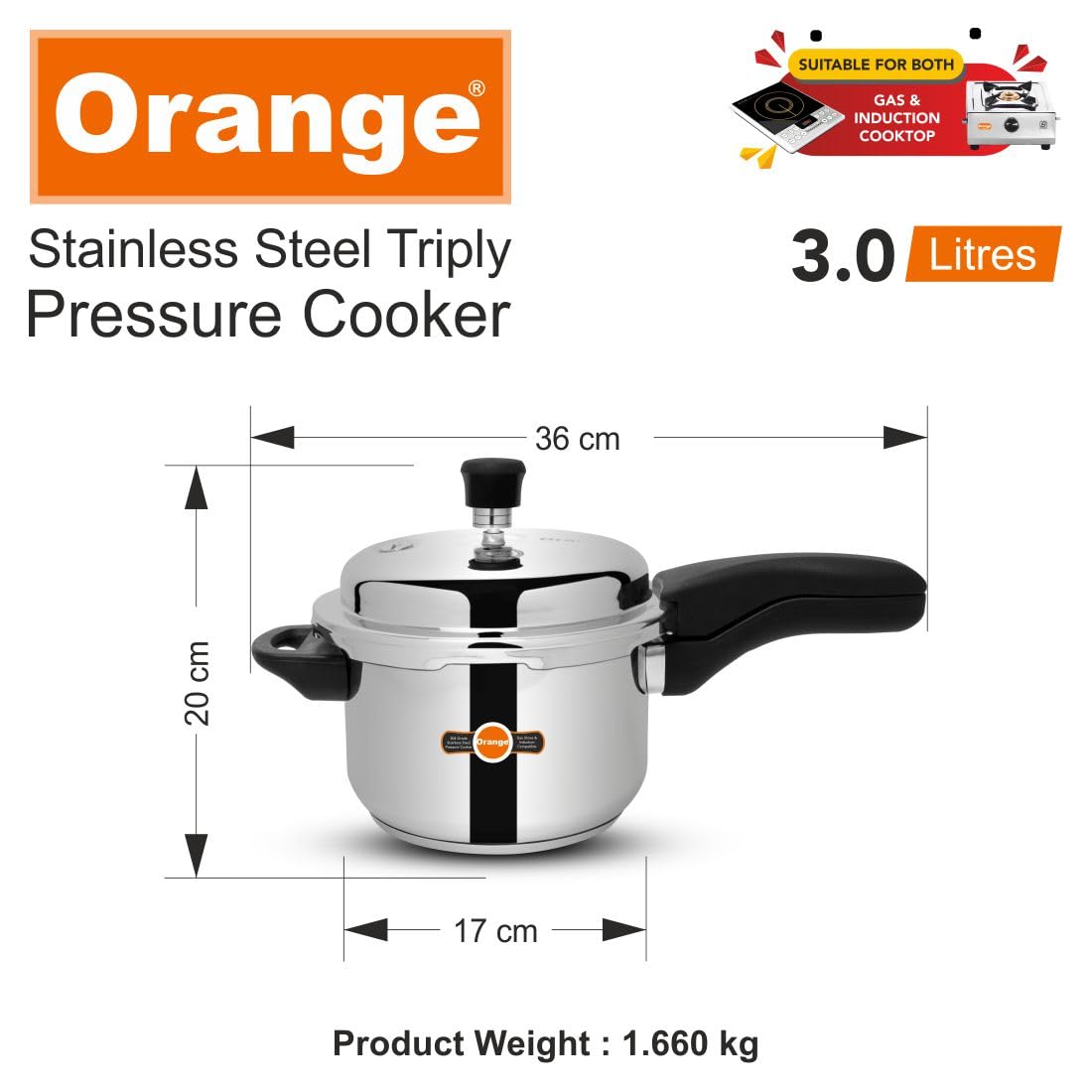 Orange Triply Stainless Steel Pressure Cooker 3L Q924109