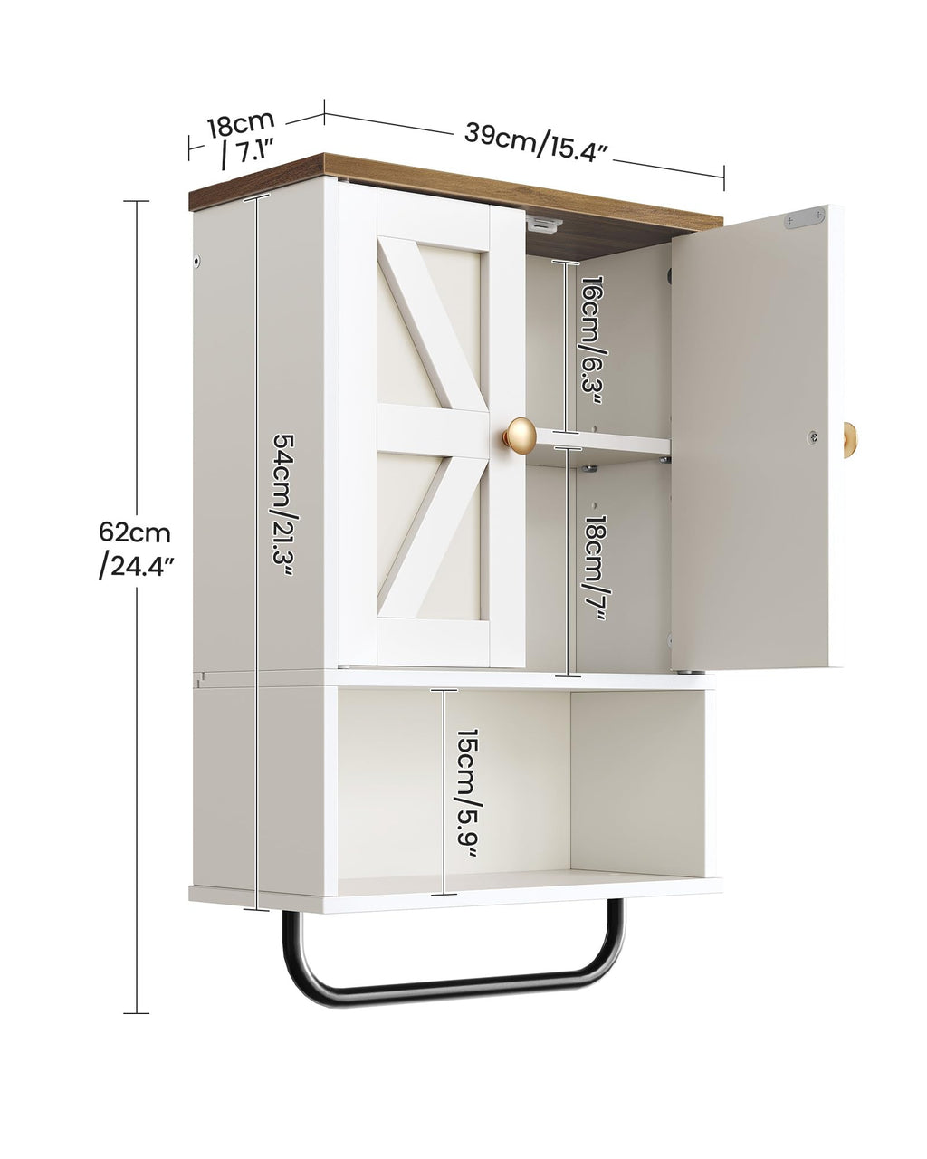 White and Walnut Bathroom Wall Cabinet with Towel Bar U889640
