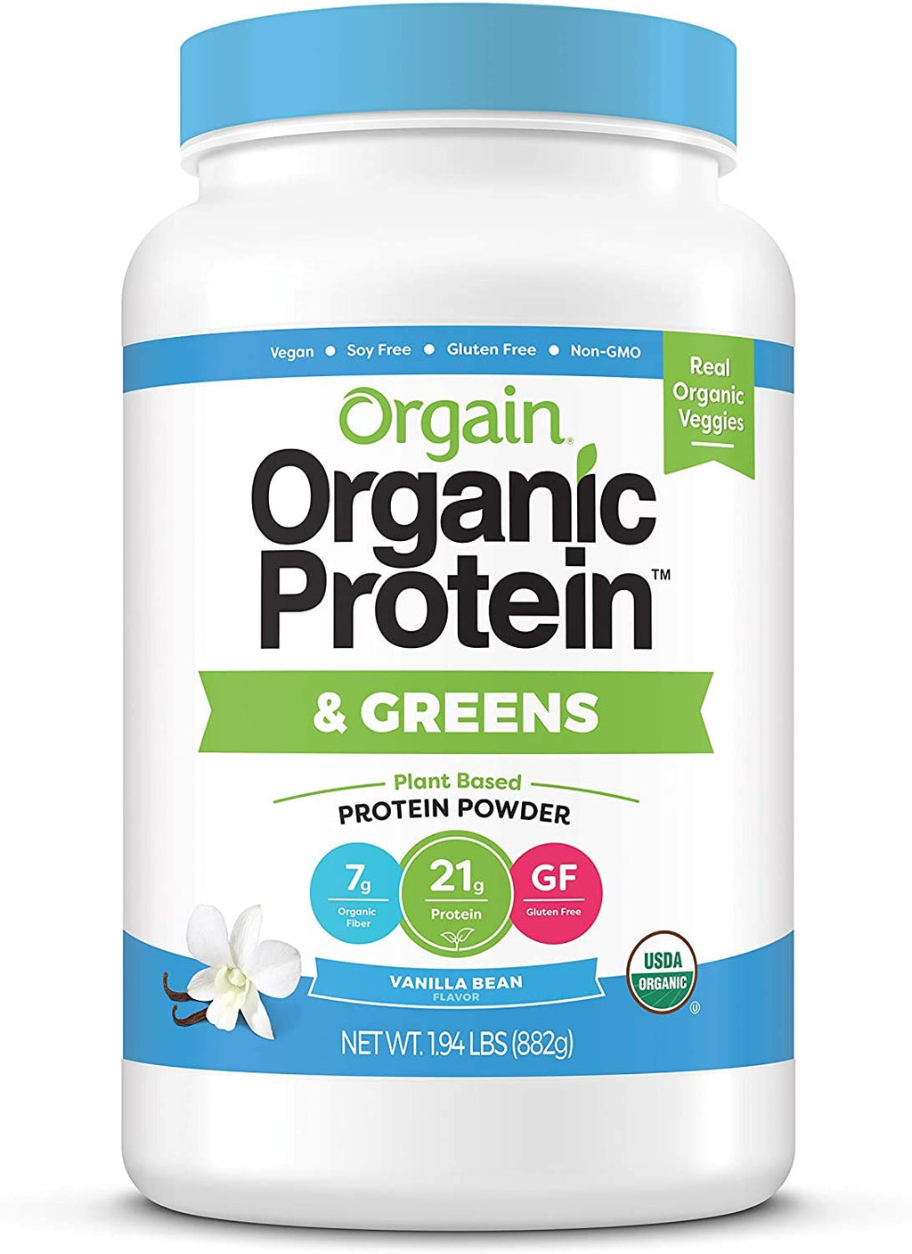 Organic Vegan Protein Powder + Greens, Vanilla Bean, 21g Plant Based Protein, 1.94lb X410