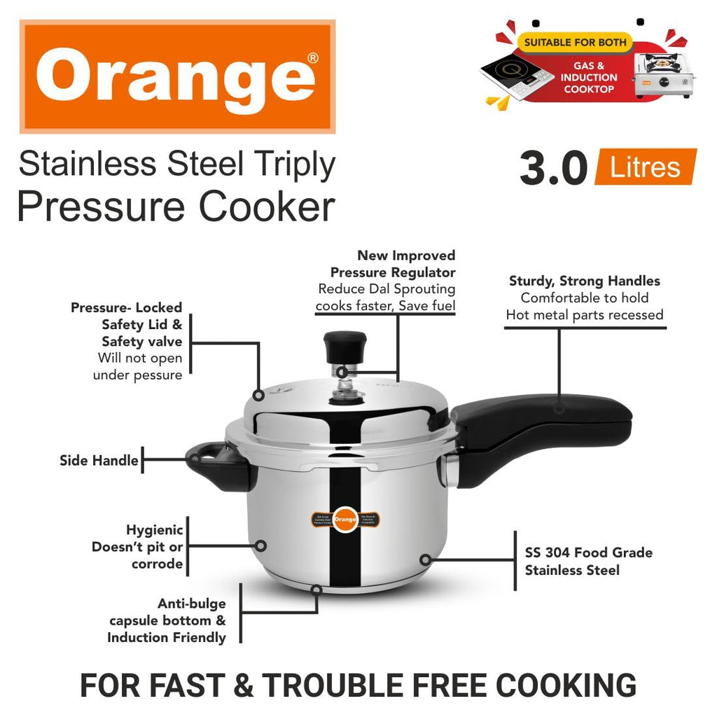 Orange Triply Stainless Steel Pressure Cooker 3L Q924109