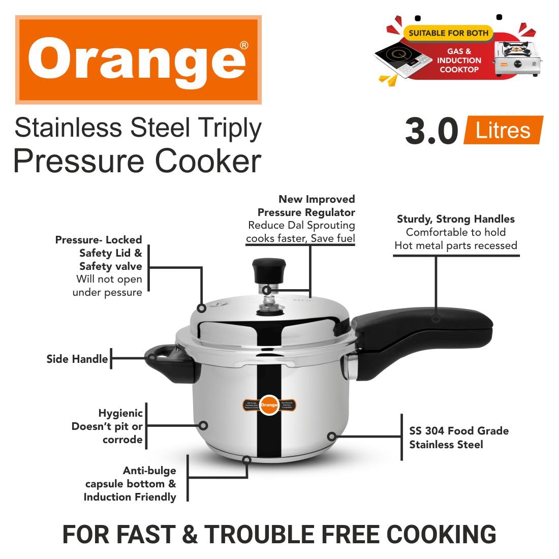 Orange Triply Stainless Steel Pressure Cooker 3L Q924109