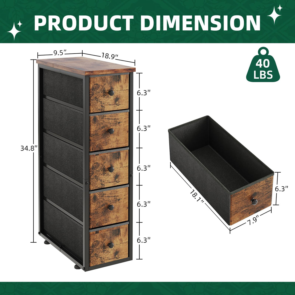 Narrow 5 Fabric Drawers Rustic Brown Dresser J21828