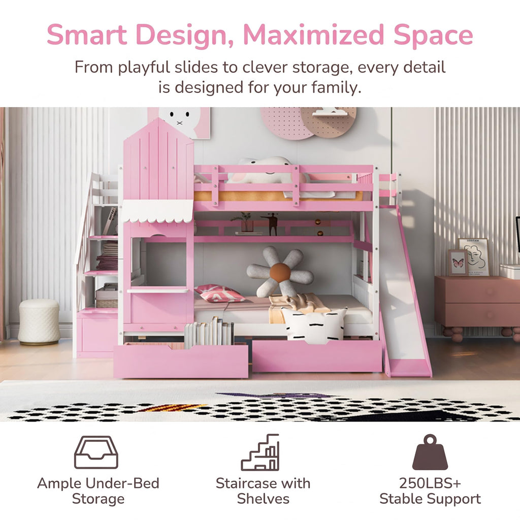 Twin Over Twin Bunk Bed with Slide, 2 Drawers & 3 Shelves K9568