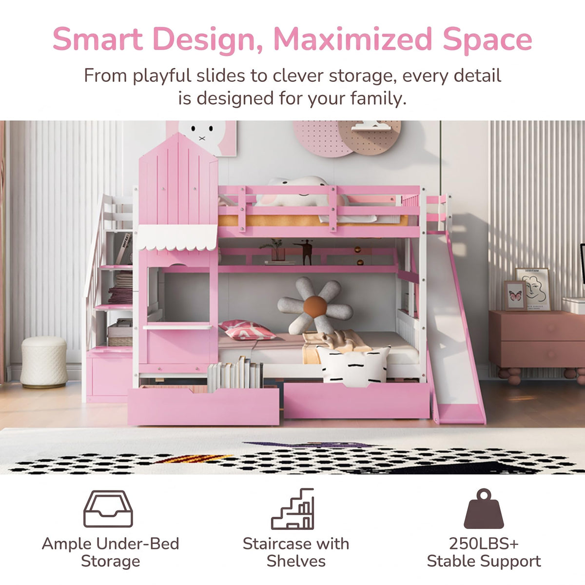 Twin Over Twin Bunk Bed with Slide, 2 Drawers & 3 Shelves K9568