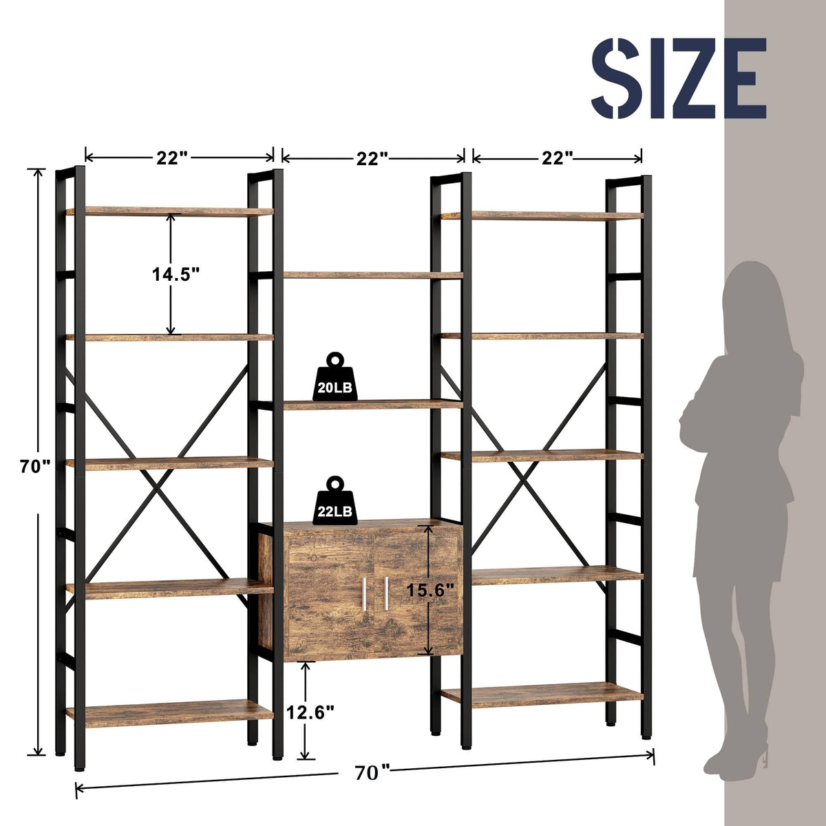 70 x 70" 5 Tier Bookcase with Storage Cabinet Rustic Brown K3814