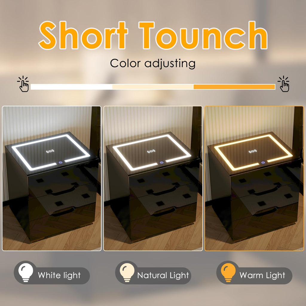 LED Nightstand with Wireless Charging Station 3 Drawers I94893