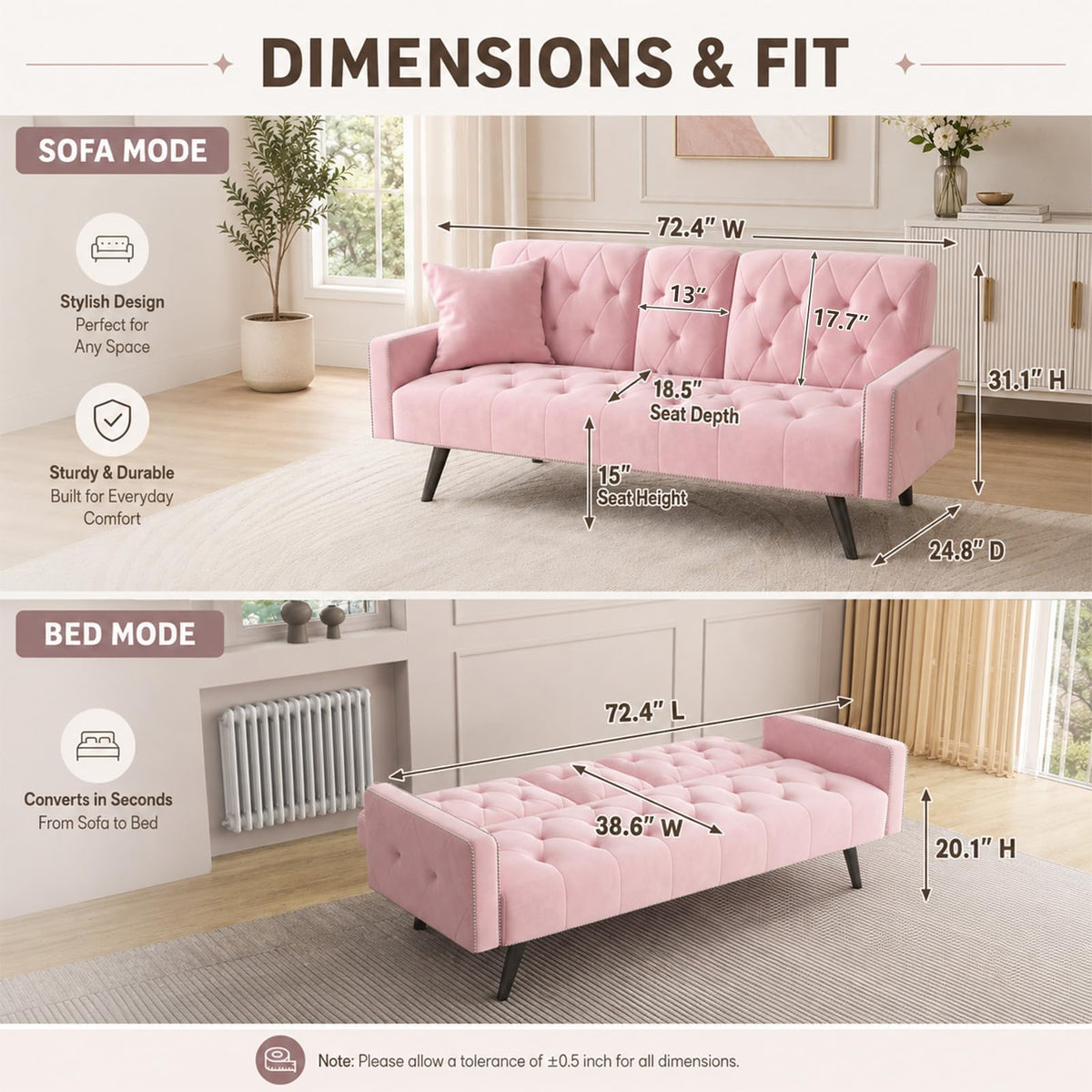 Pink Velvet 2 in 1 Futon Sofa Bed H155