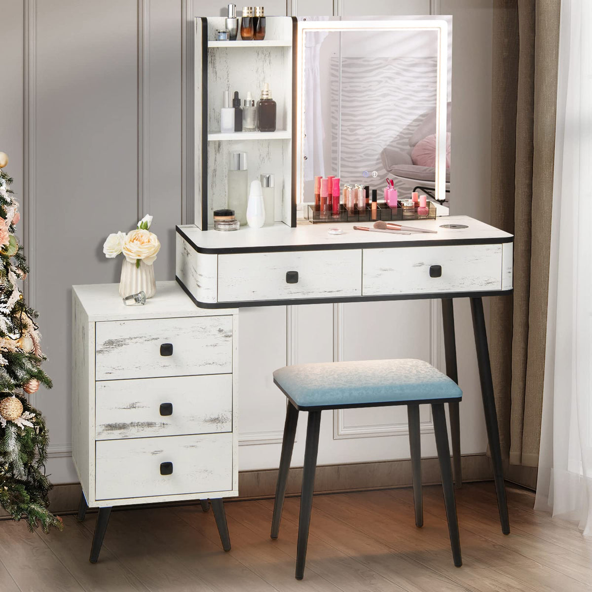Makeup Vanity Table with Lighted Mirror and Stool R79470