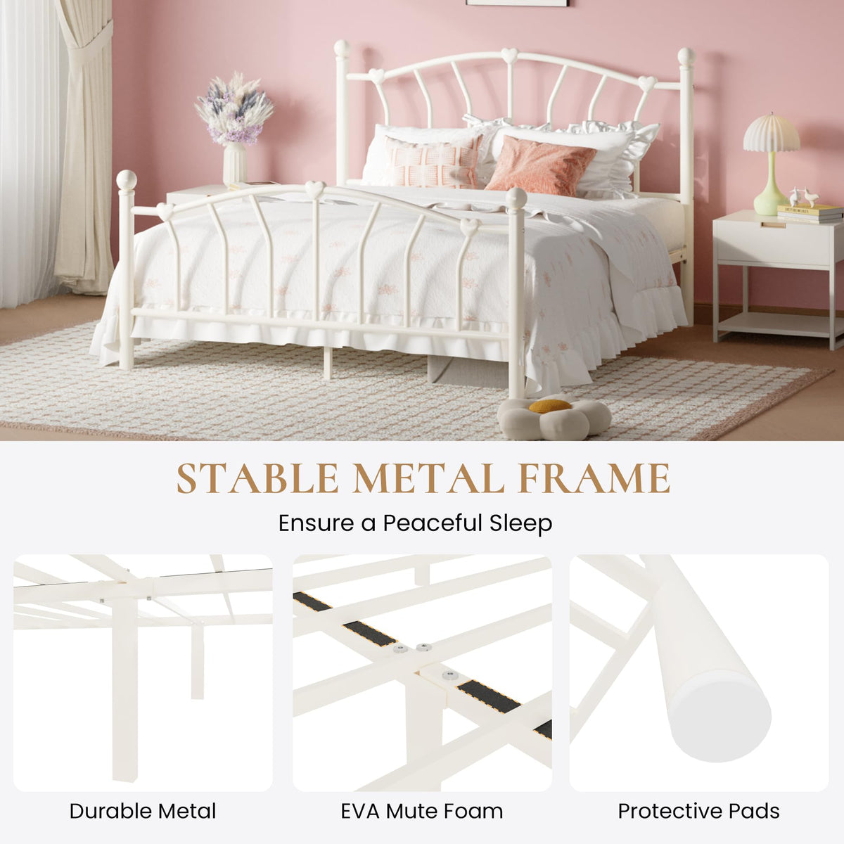Full Size Cream White Metal Bed Frame T134