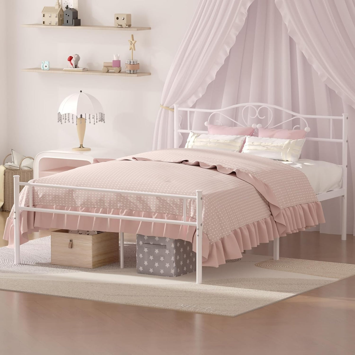14 Inch Full Size White Metal Platform Bed Frame with Headboard and Footboard Z1997