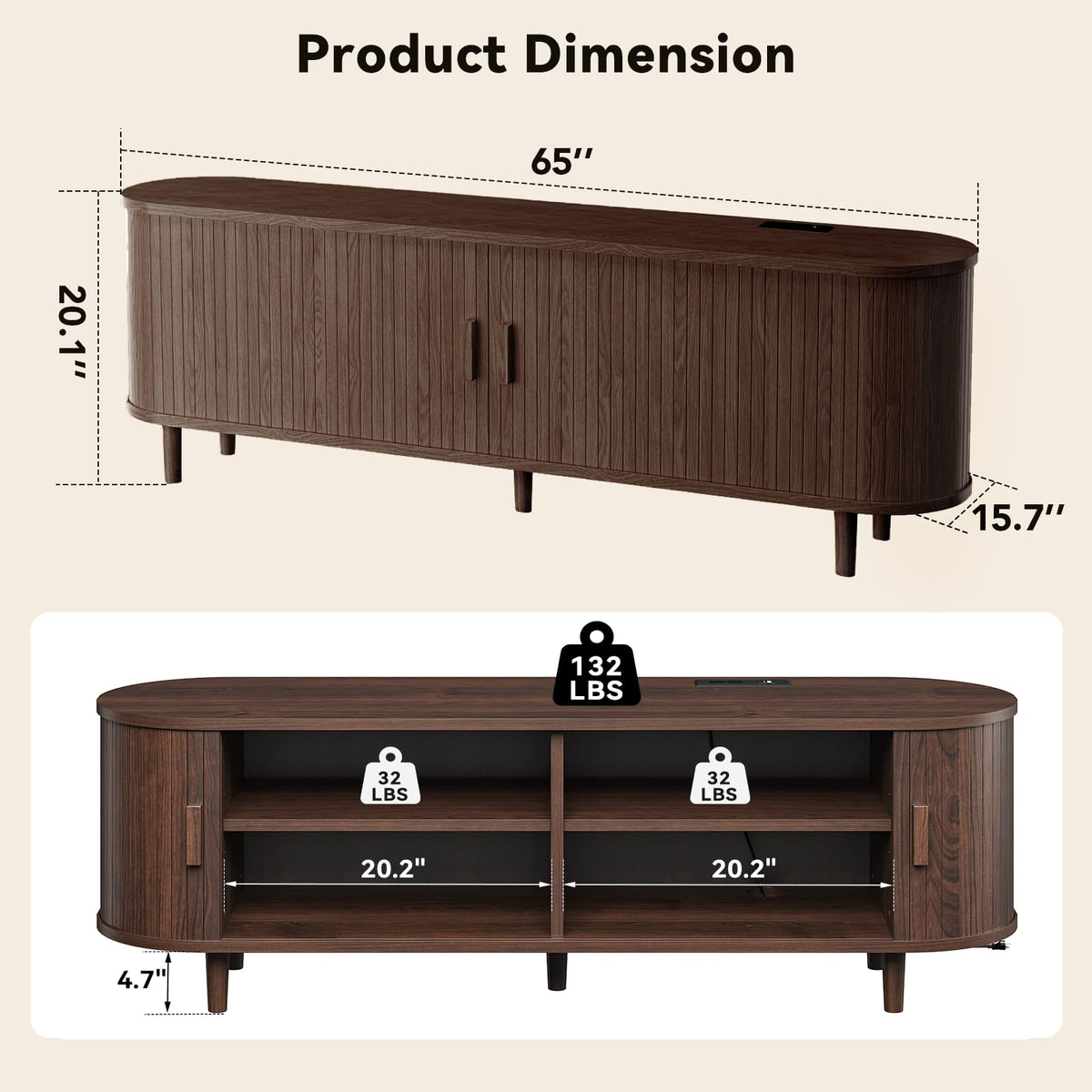 65" Walnut Wood TV Stand with Power Outlet and Sliding Doors U233880
