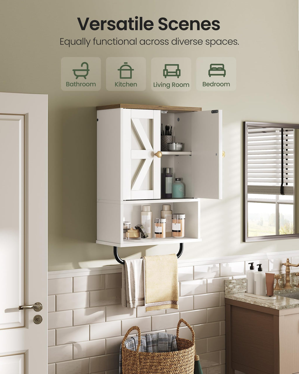 White and Walnut Bathroom Wall Cabinet with Towel Bar U889640