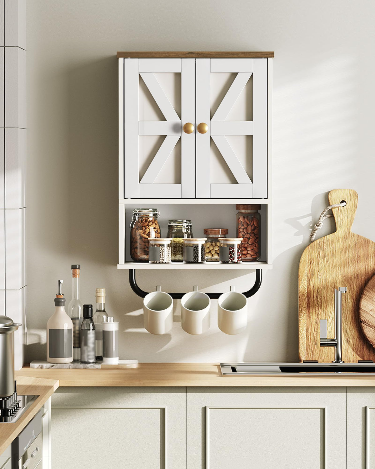 White and Walnut Bathroom Wall Cabinet with Towel Bar U889640
