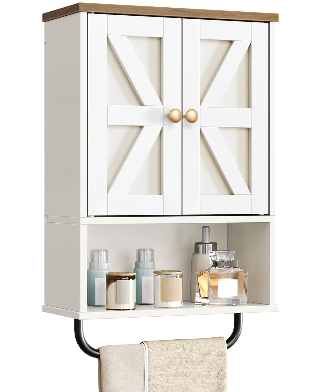 White and Walnut Bathroom Wall Cabinet with Towel Bar U889640