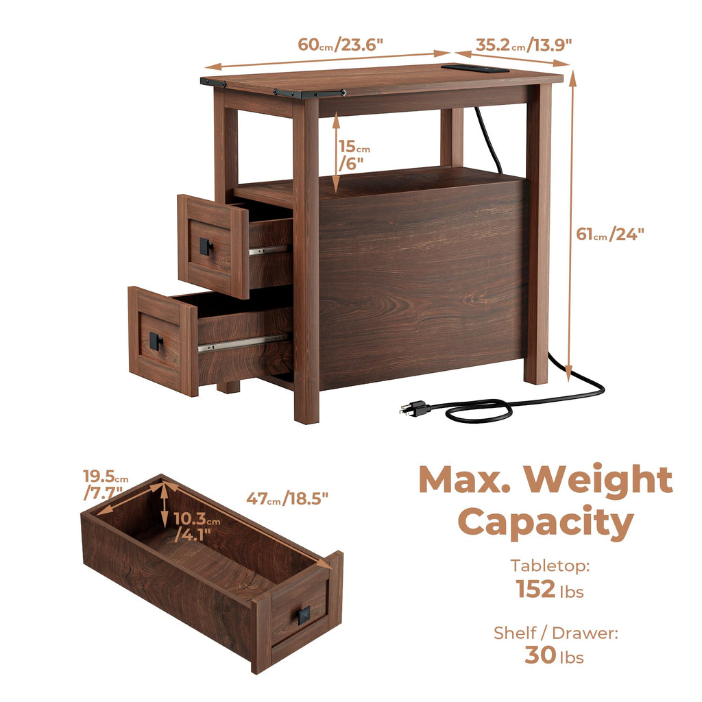 Cherry Wood End Table with Charging Station and 2 Storage Drawers P1106
