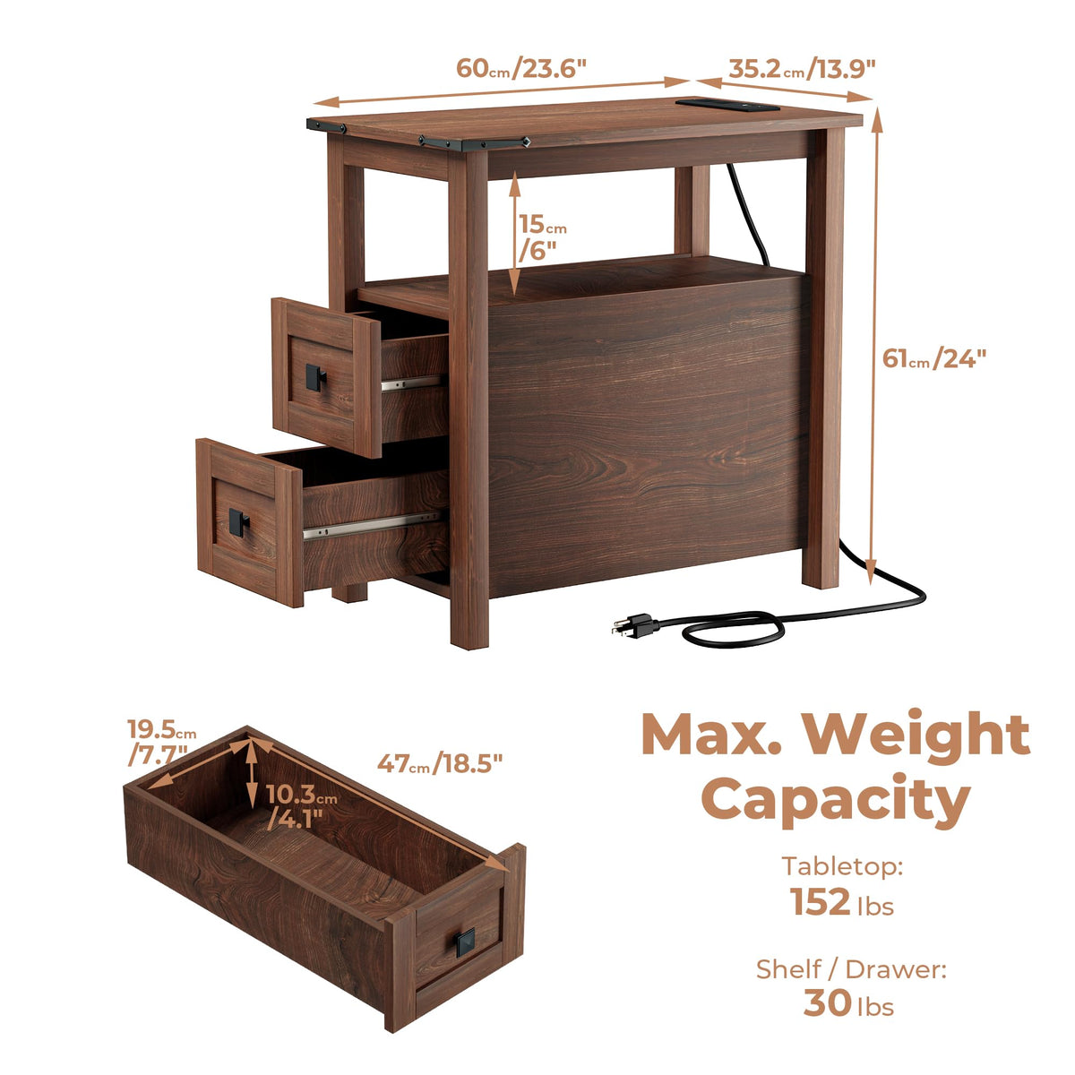 Cherry Wood End Table with Charging Station and 2 Storage Drawers P1106