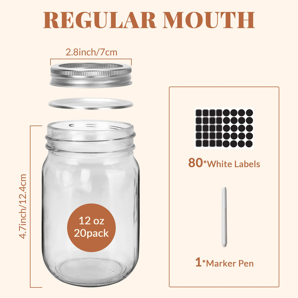 20 Pcs 12oz Glass Mason Jars With Lids X5786