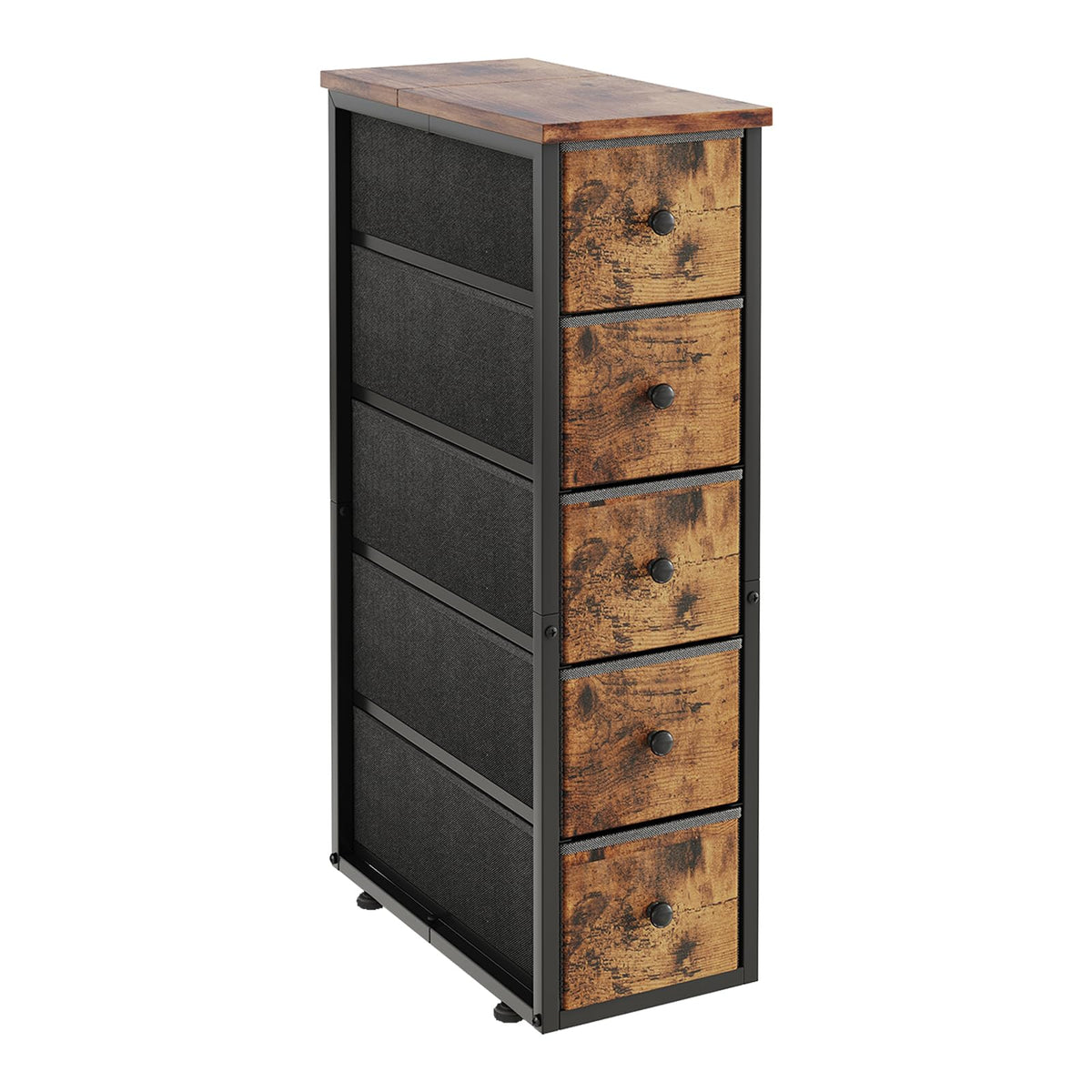 Narrow 5 Fabric Drawers Rustic Brown Dresser J21828