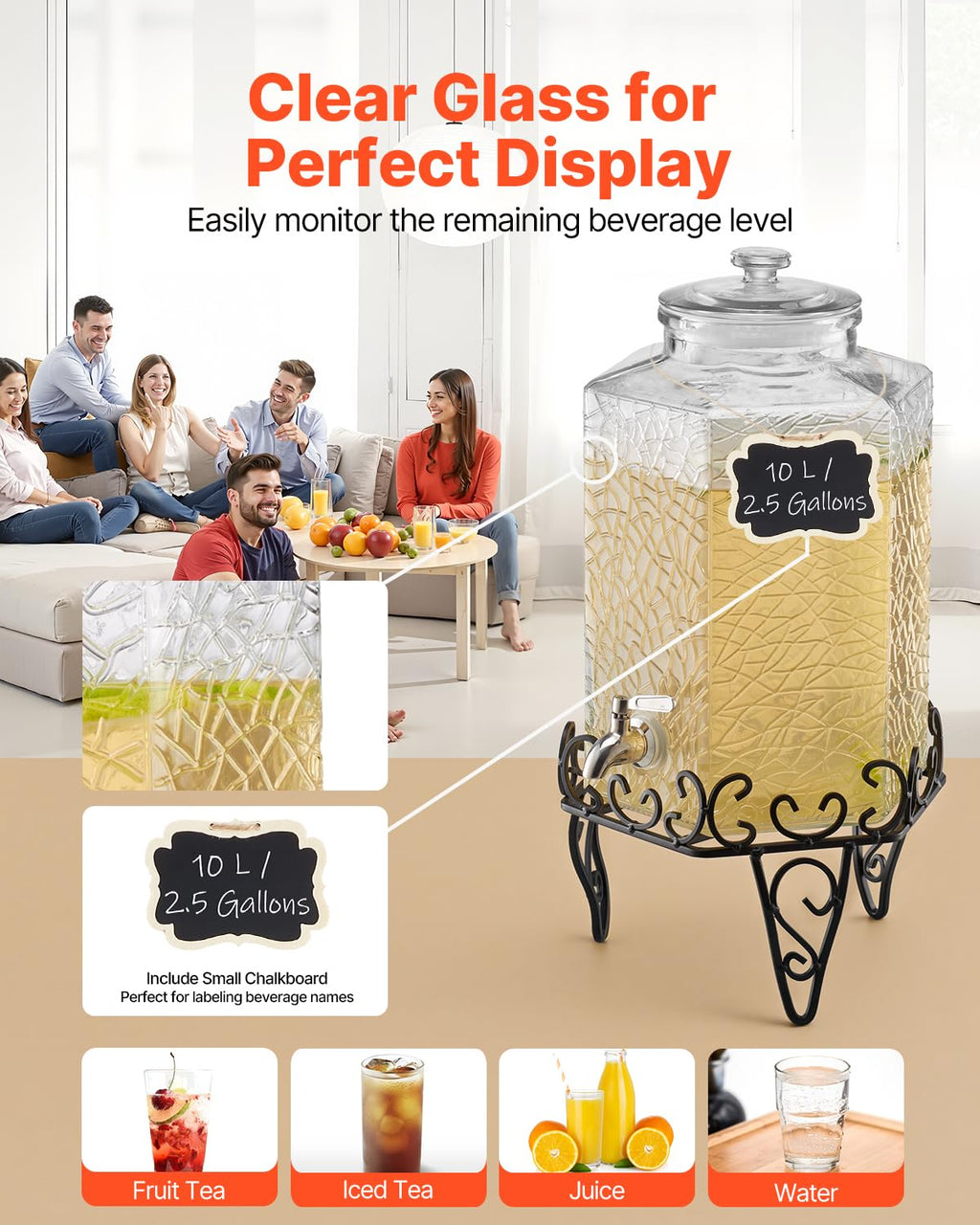 2.5 Gallon Glass Beverage Dispenser with Metal Stand H984