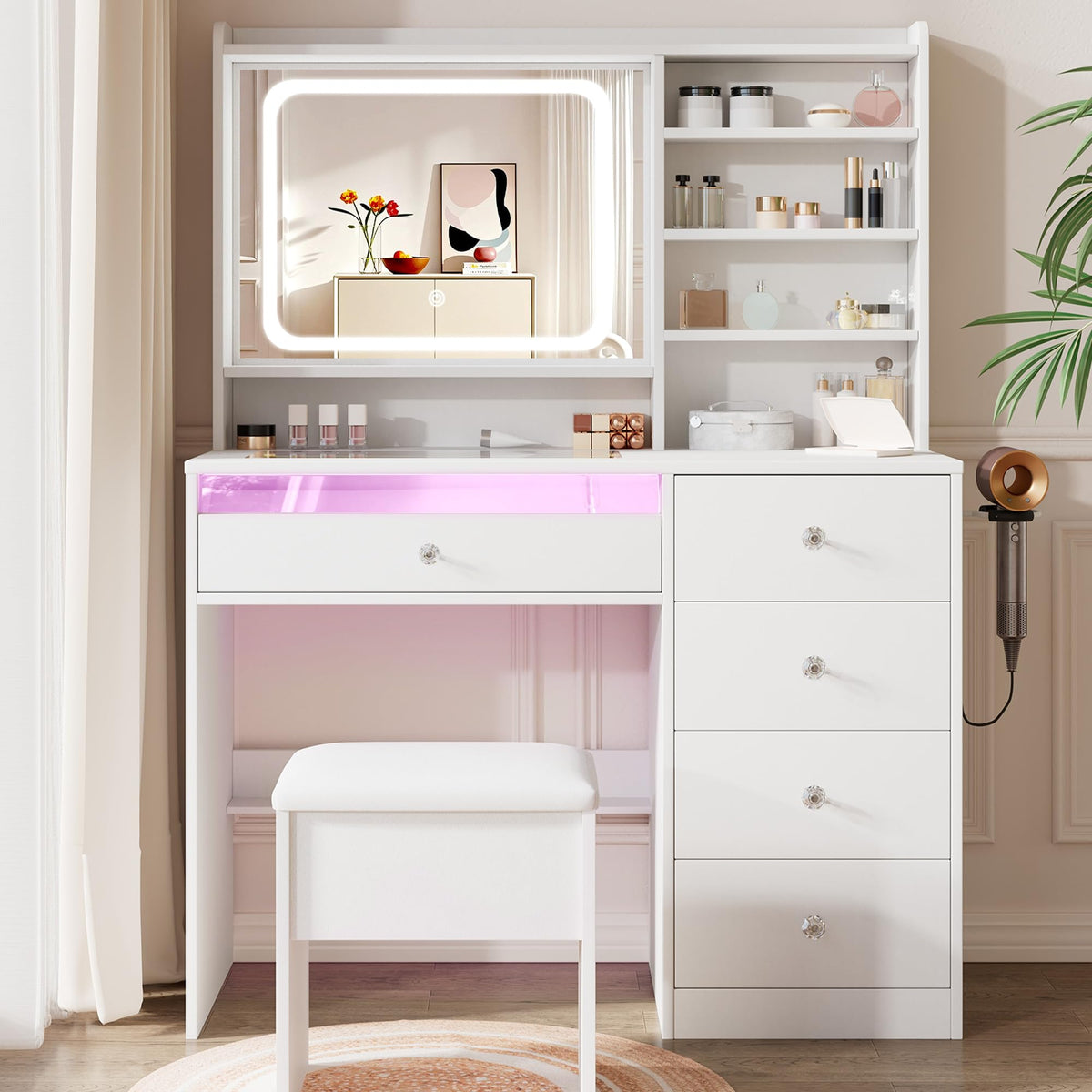 White Vanity Desk Set with Glass Desktop E702868