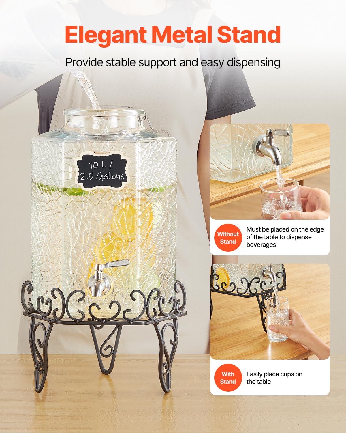 2.5 Gallon Glass Beverage Dispenser with Metal Stand H984