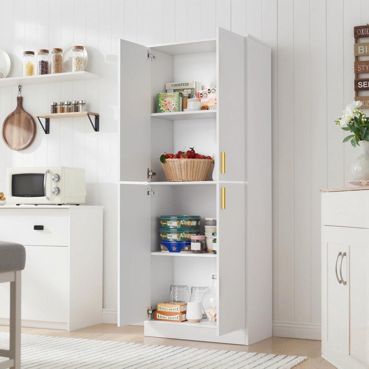 White Wood Storage Cabinet with Doors and Shelves N84732