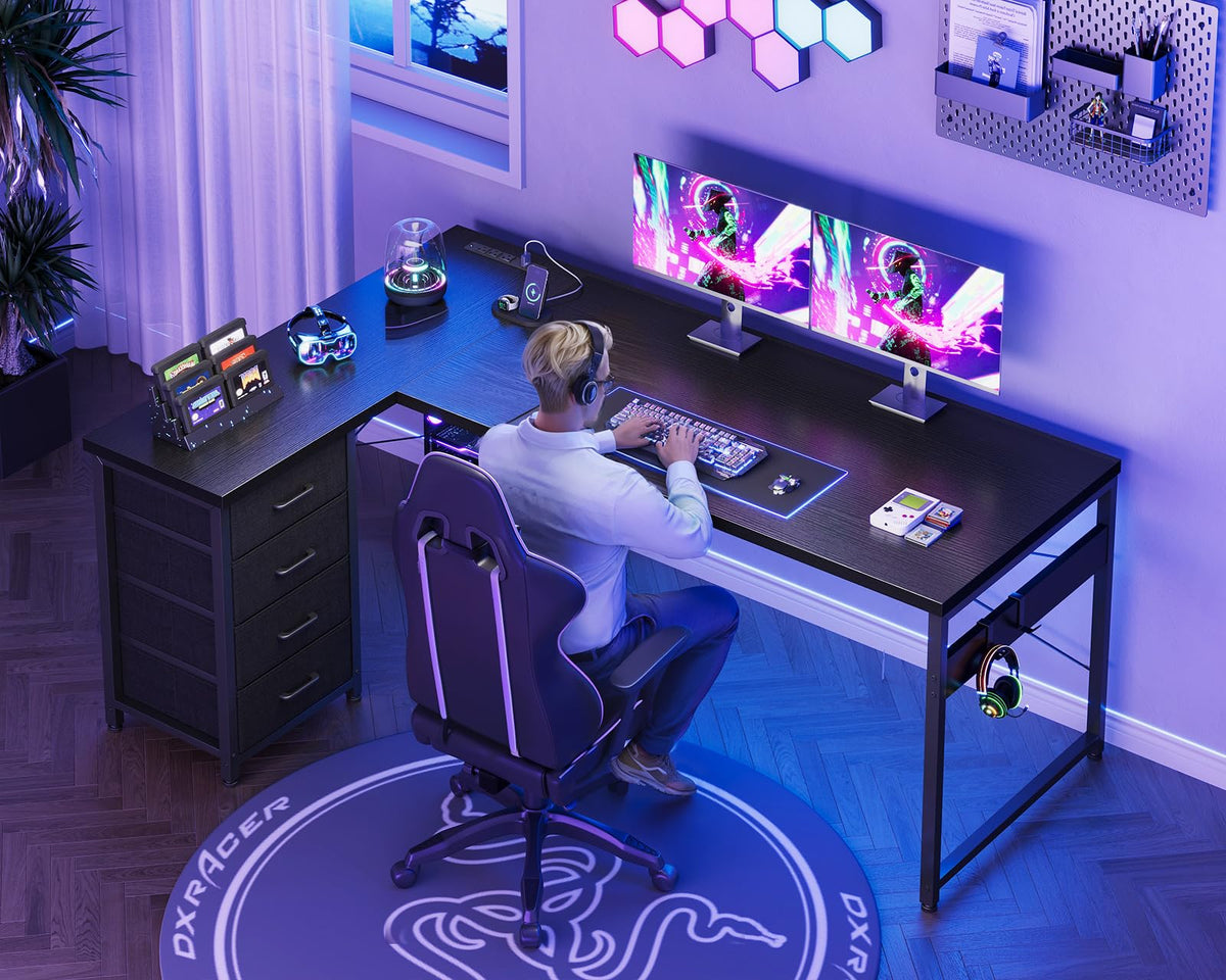 61" L Shaped Gaming Desk with 4 Drawers and Power Outlets, Black M211342