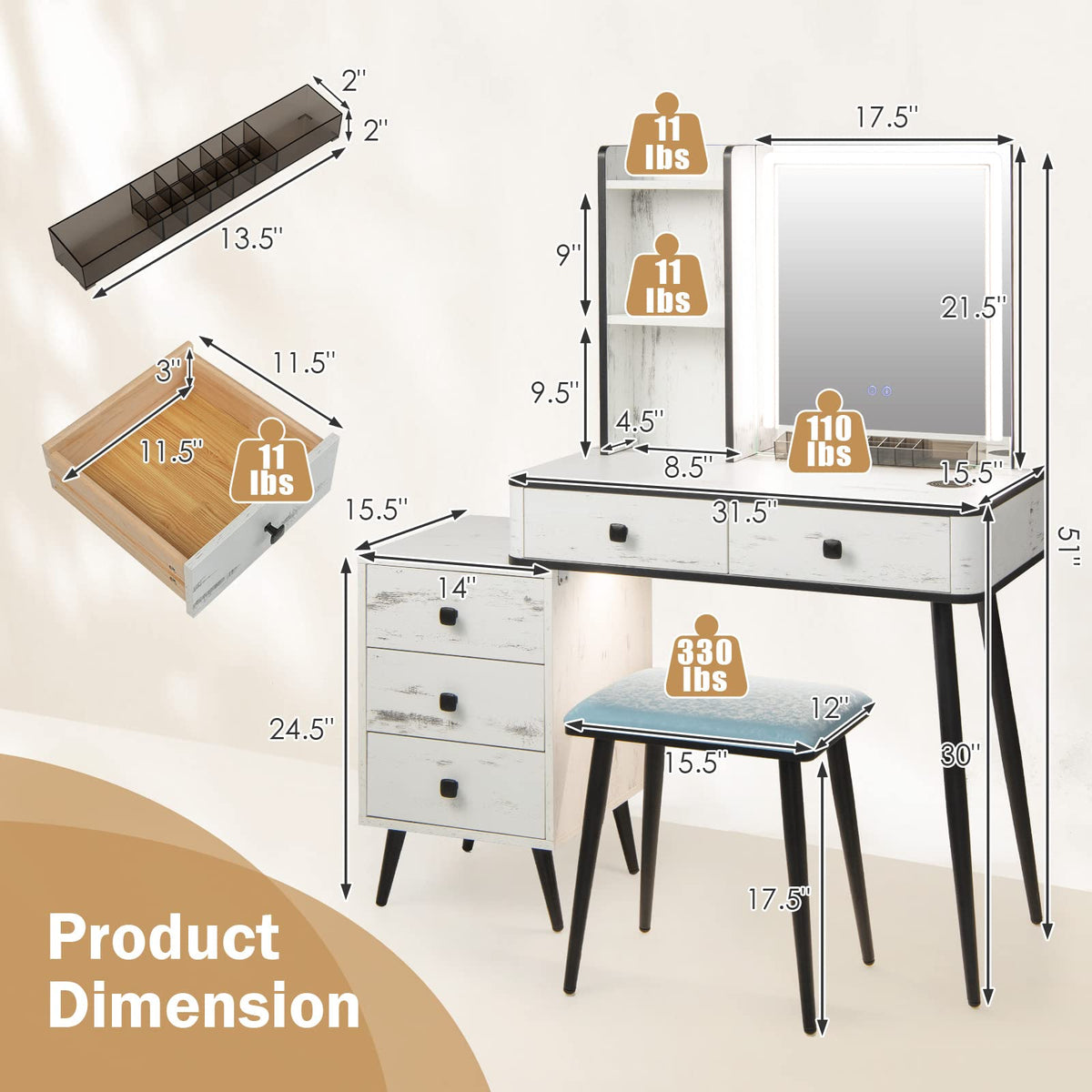 Makeup Vanity Table with Lighted Mirror and Stool R79470