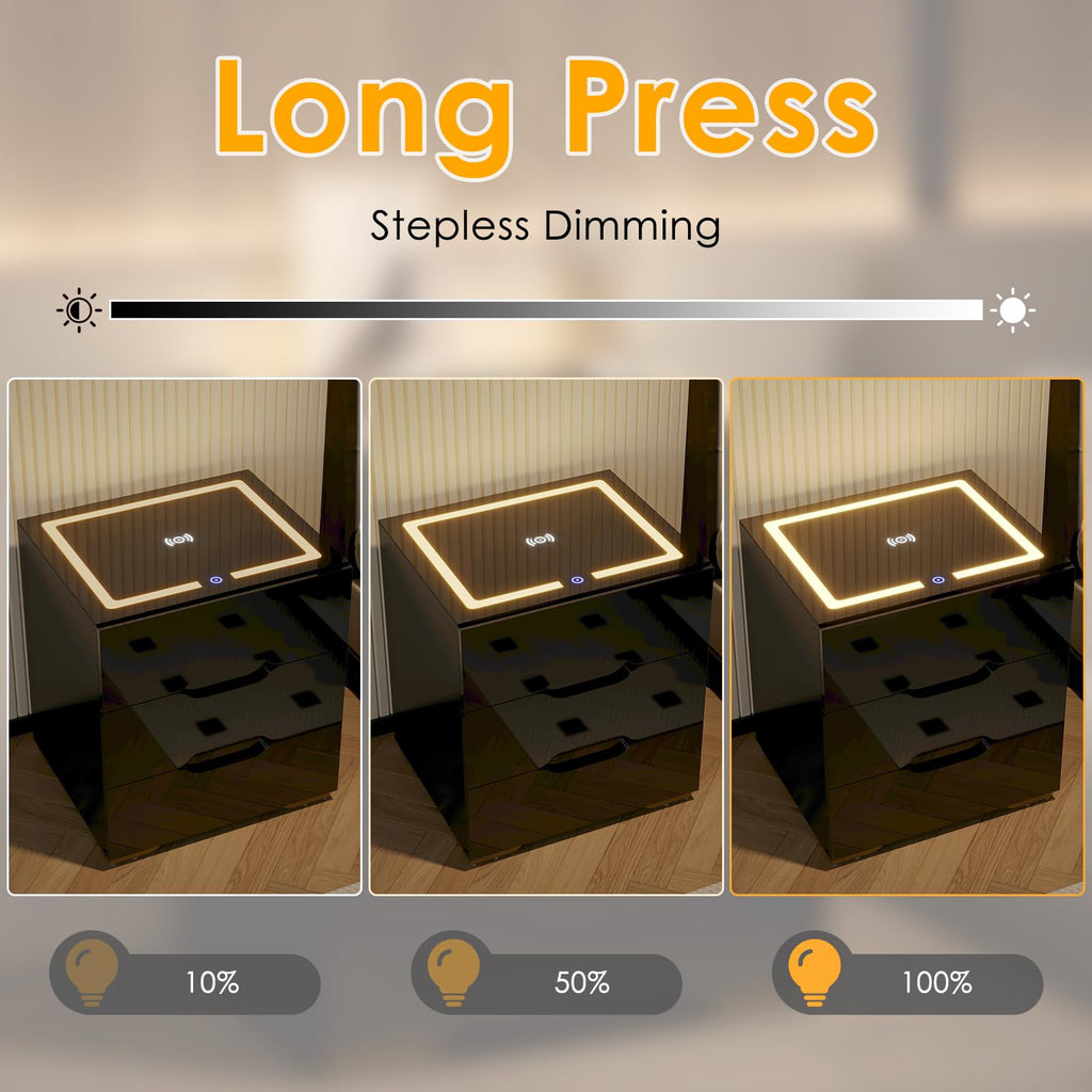 LED Nightstand with Wireless Charging Station 3 Drawers I94893