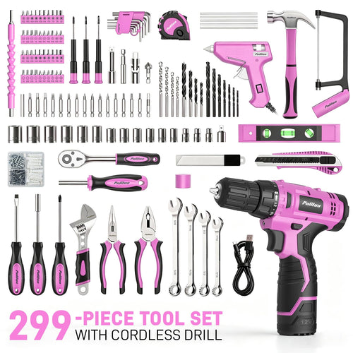299 Piece Pink Cordless Drill Tool Set with Tool Box O44802