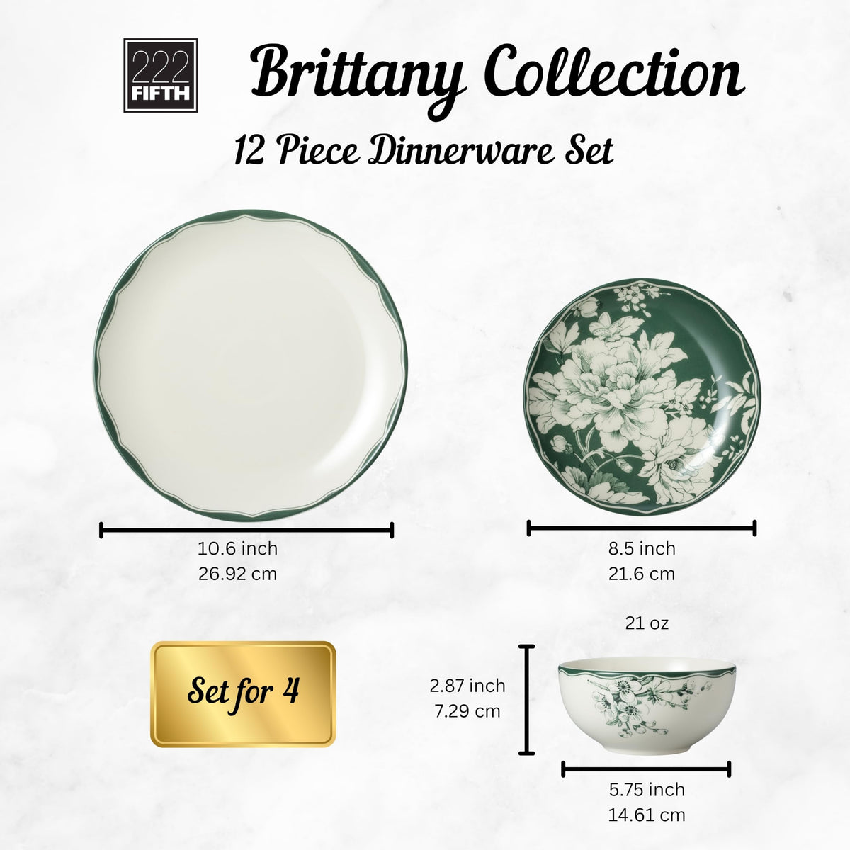 12-Piece Porcelain Dinnerware Set for 4, White & Sage Green Plates and Bowls Set C492