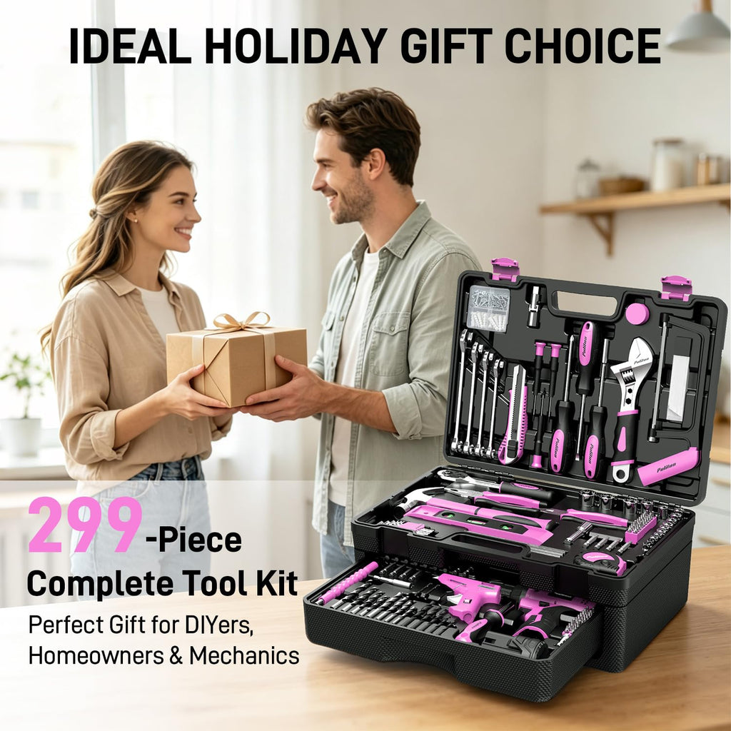 299 Piece Pink Cordless Drill Tool Set with Tool Box O44802
