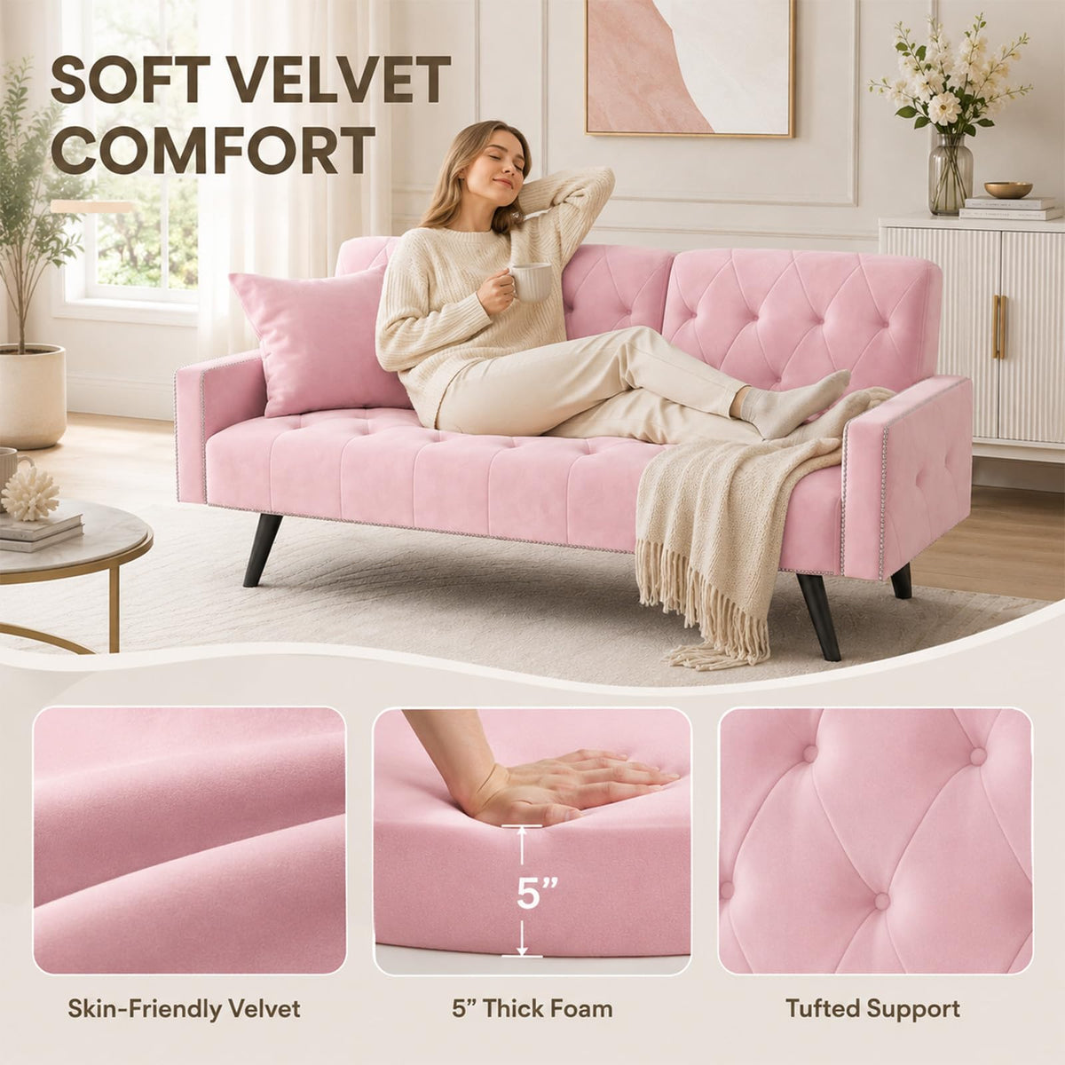 Pink Velvet 2 in 1 Futon Sofa Bed H155