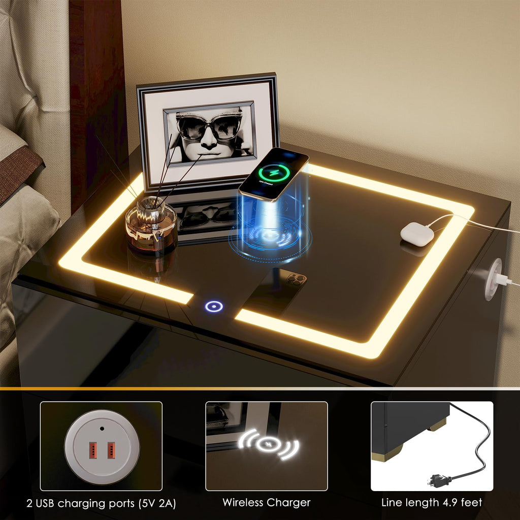 LED Nightstand with Wireless Charging Station 3 Drawers I94893