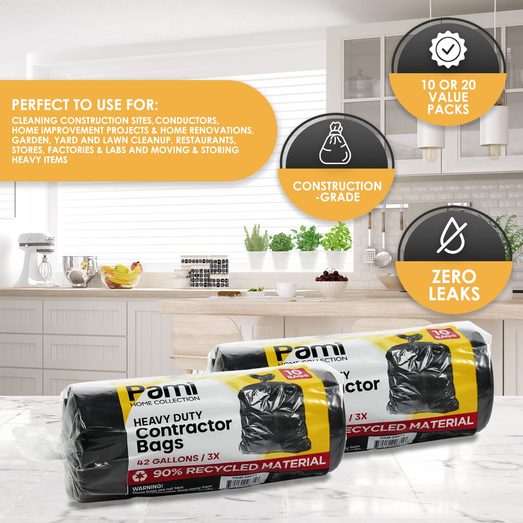Heavy Duty 42-Gallon Contractor Trash Bags, Tear Resistant, Black, 10 Ct V16210