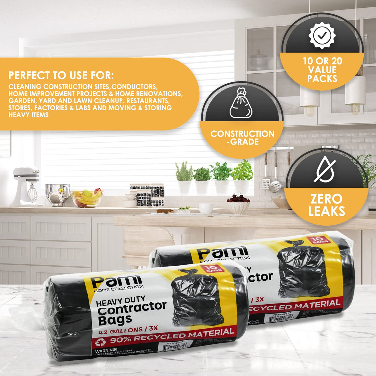 Heavy Duty 42-Gallon Contractor Trash Bags, Tear Resistant, Black, 10 Ct V16210