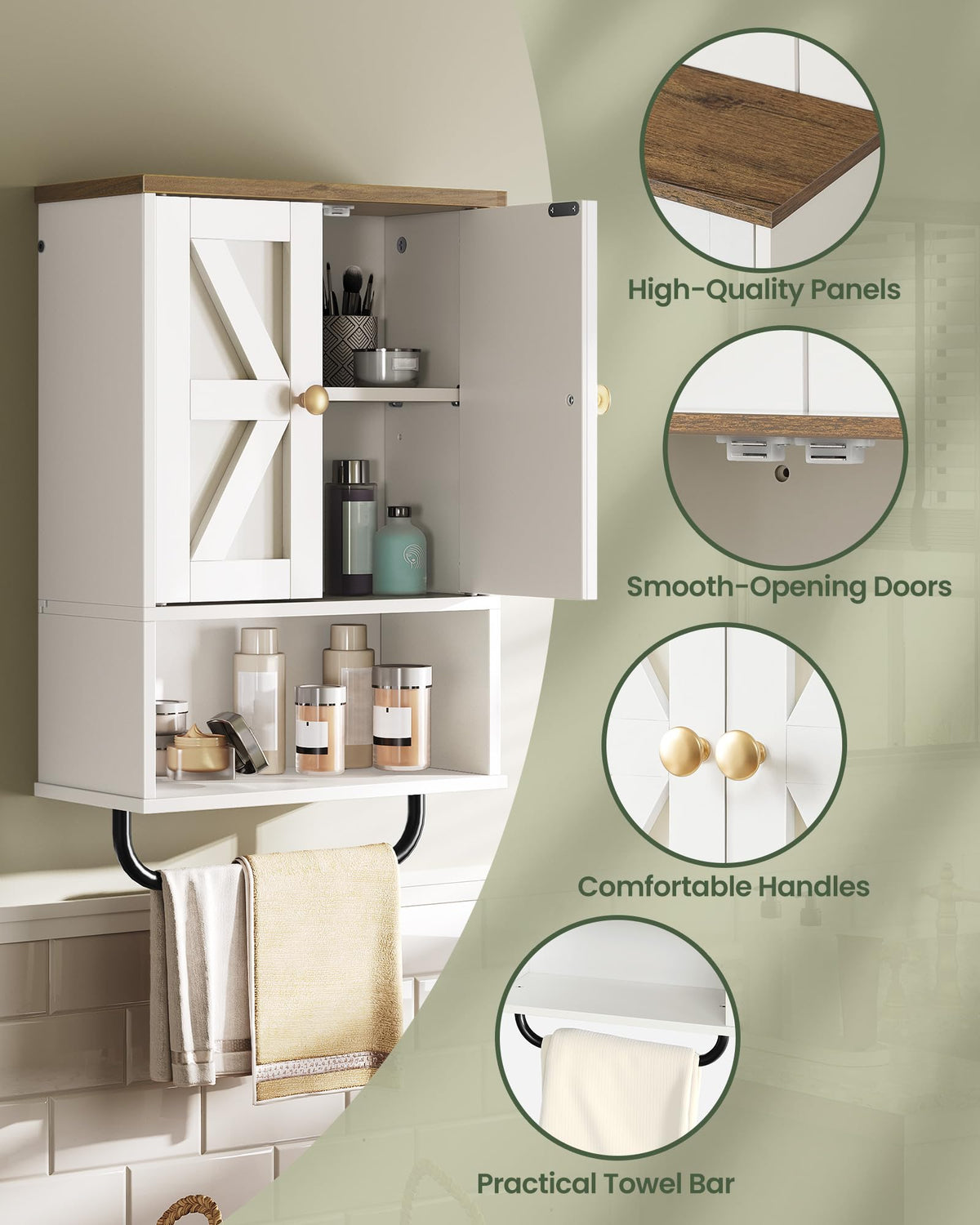 White and Walnut Bathroom Wall Cabinet with Towel Bar U889640