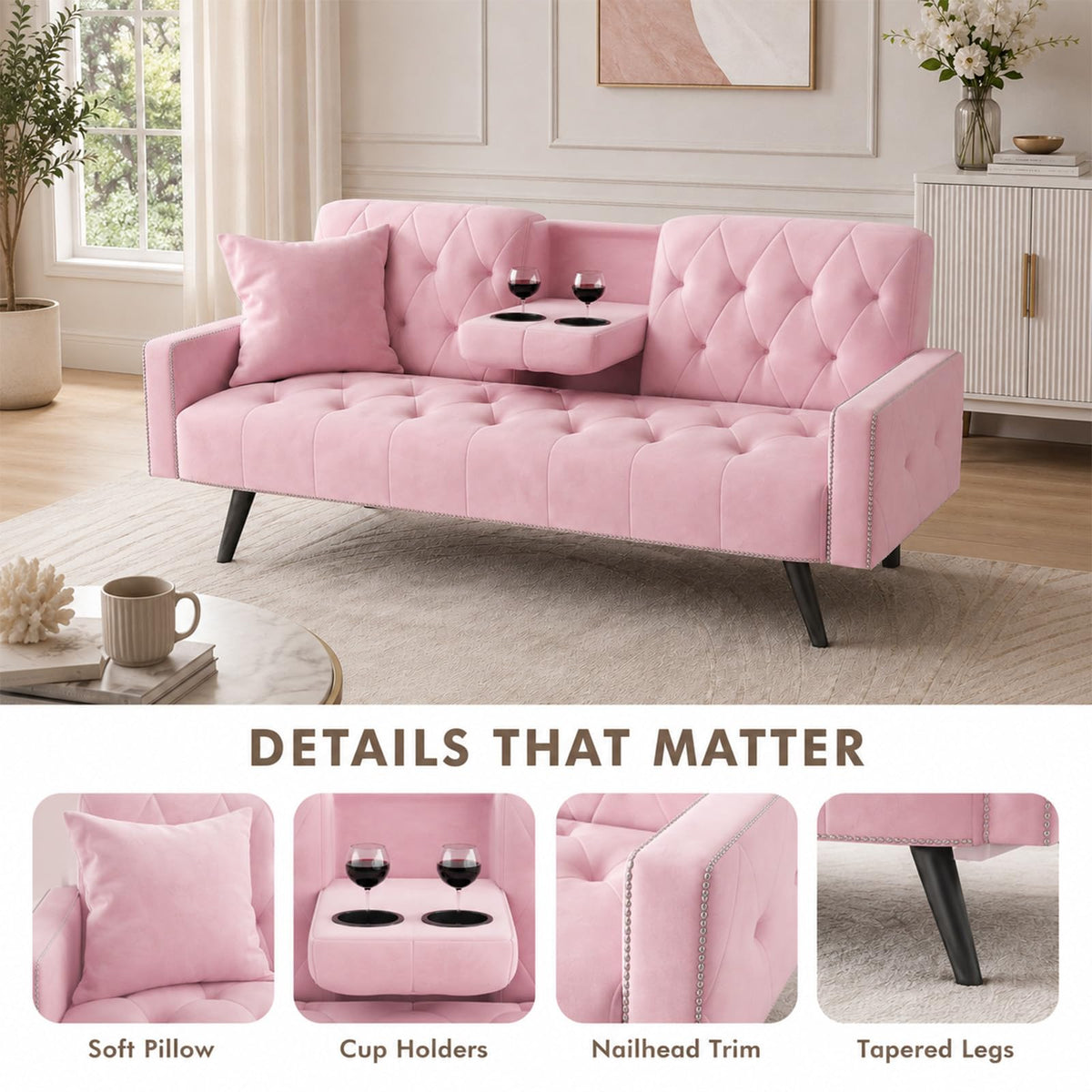 Pink Velvet 2 in 1 Futon Sofa Bed H155