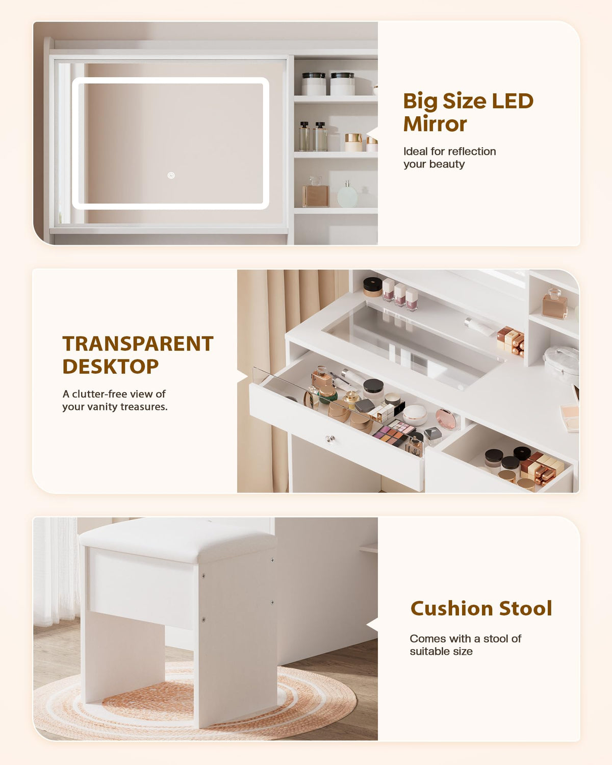White Vanity Desk Set with Glass Desktop E702868