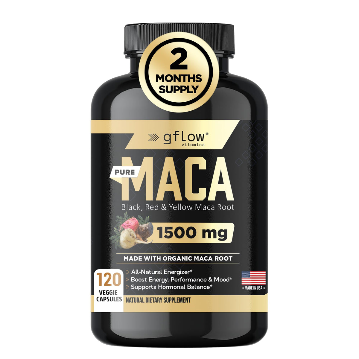 Organic Maca Root Capsules - Black, Red, Yellow Peruvian Maca Root Extract & Black Pepper - 120 Vegan Pills P8613