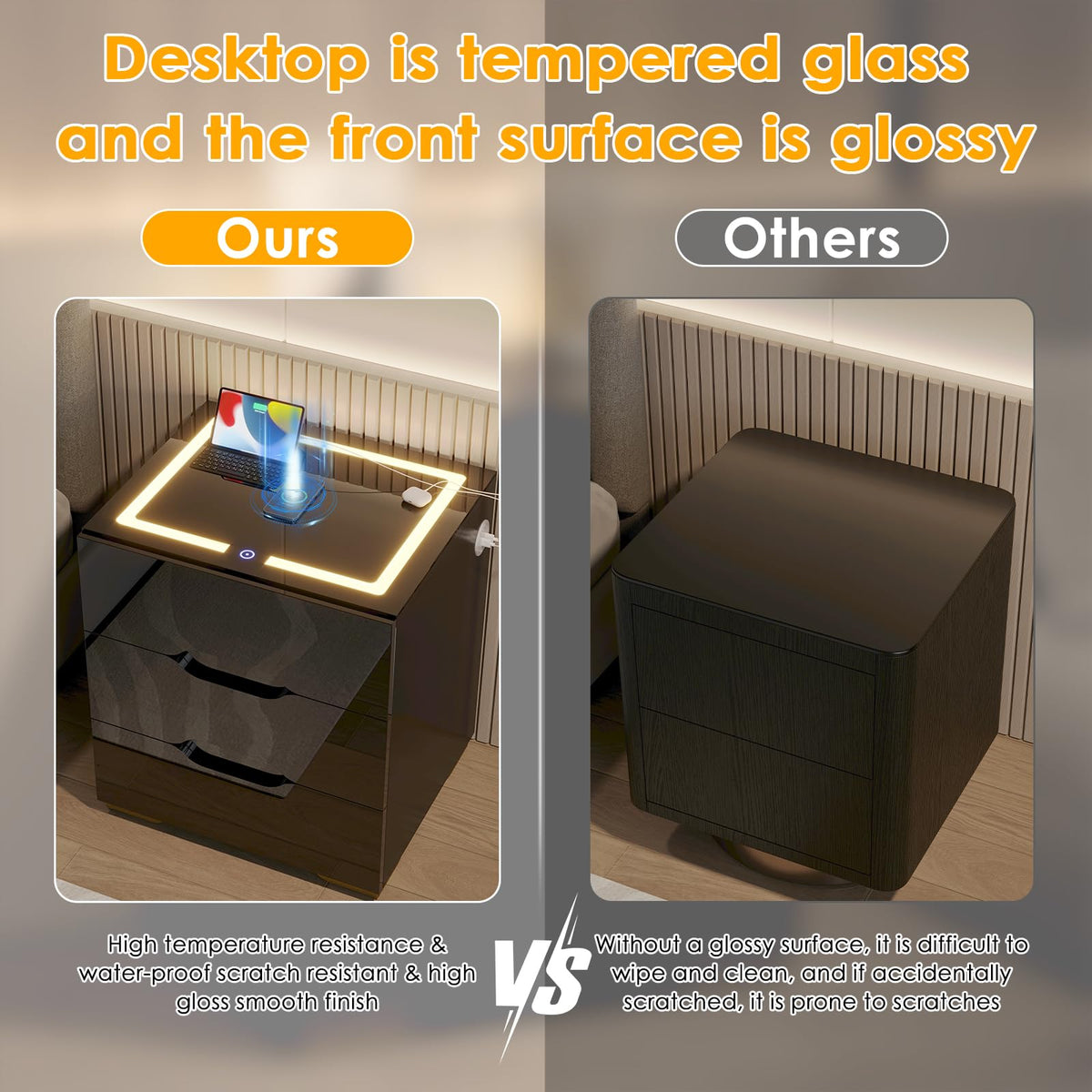 LED Nightstand with Wireless Charging Station 3 Drawers I94893