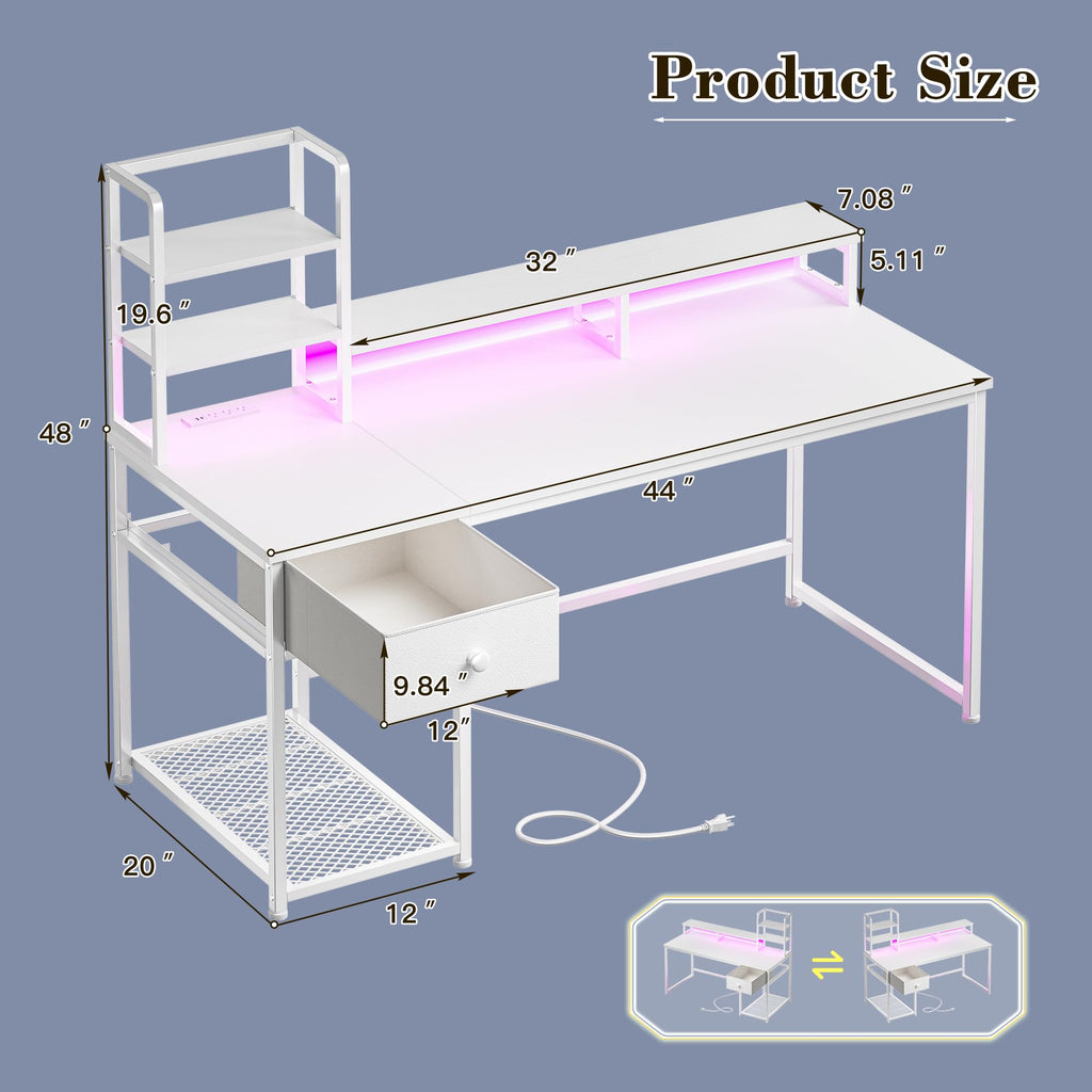 44" White Gaming Desk with Hutch & Shelves J164