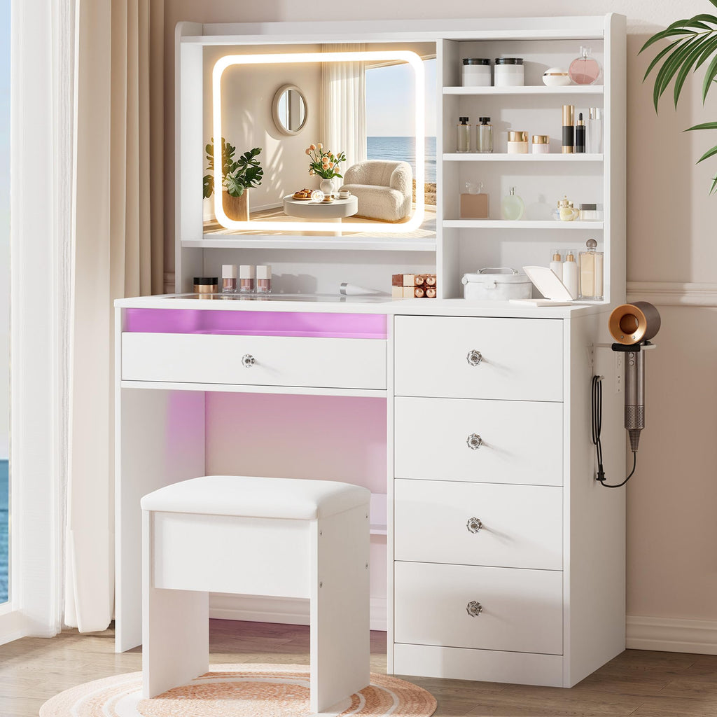 White Vanity Desk Set with Glass Desktop E702868